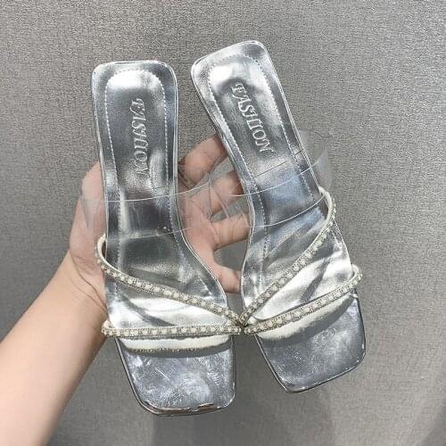 Summer Women Sandals Rhinestone Women Shoes Sexy High Heels Shoes Women Sandalias Beige Silver Women Slippers Heeled Sandals