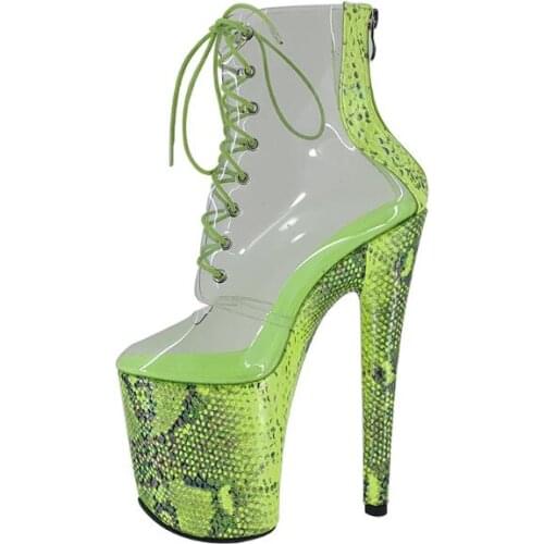 Carpaton Super High Ankle Boots Transparent PVC Patchwork Snakeskin Leather High Heel Shoes 20cm Pole Dance Dress Shoe Boots