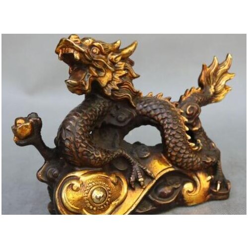9" Marked Bronze Gilt Wealth Ruyi Wishful Dragon Loong Dragons Animal Statue