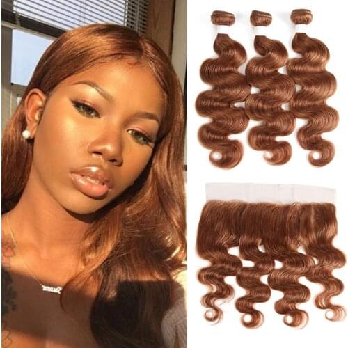Brown Body Wave Human Hair Bundles With Frontal 13x4 Brazilian Pre-Colored Hair Weave Bundles With Closure 30 Non-Remy Hair KEMY