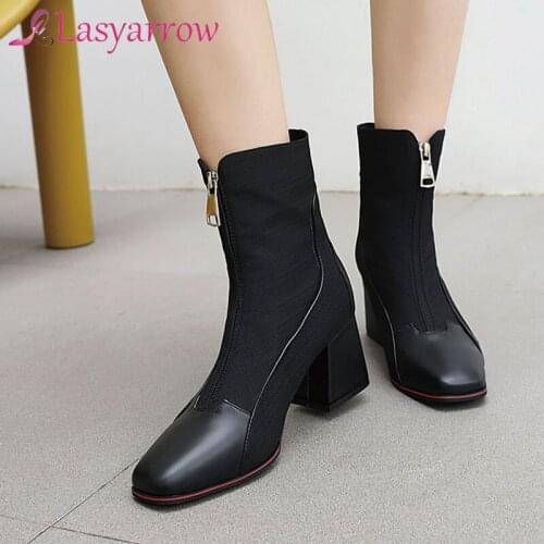 Lasyarrow Square Head Thick With Color Matching Fabric Ankle Boots Green Autumn Winter Casual Womens Boots Zipper Ankle Boots