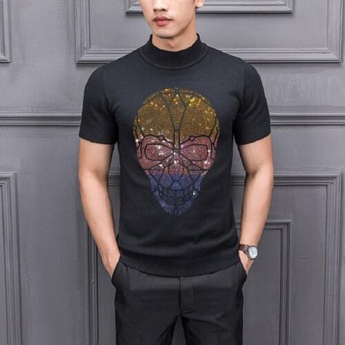 Soft Knitted T-Shirt Autumn Mens Sweater Chic Cashmere Half Sleeve Hot Diamond Shiny Youth