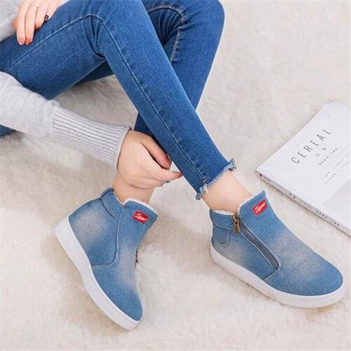 New winter snow boots thickening womens shoes denim large size student flat cotton shoes