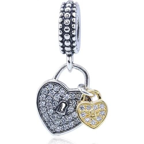 Authentic S925 Silver Bead fit Lady Bracelet Bangle Crystal Love Locks Dangle Charms For Women DIY Jewelry Making