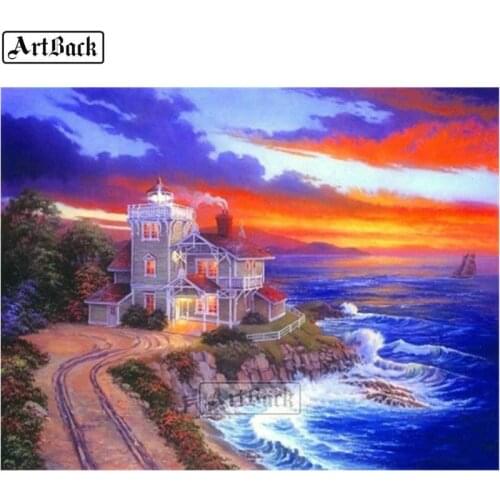 Full square 5d diy diamond painting seaside villa sunset scenery home decoration stickers 3d diamond mosaic crafts