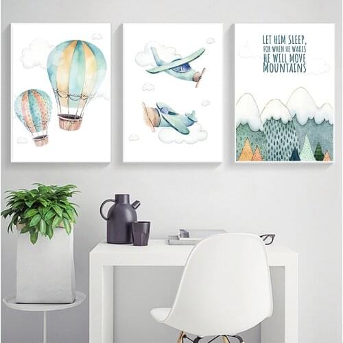 Child Adventure Poster Print Watercolor Artwork Airplane Balloon Canvas Painting Wall Picture Nordic Kids Boy Bedroom Decoration