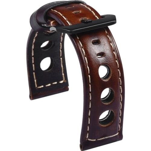 Handmade Perforated Holes Breathable Watchband Discolored Vintage Oil Wax Leather Watch Strap Bracelets Women Men 20mm 22mm 24mm