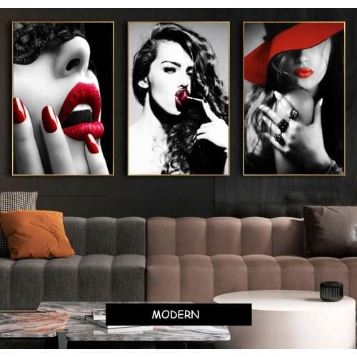 Sexy Red Lip Modern Girl Nordic Home Decor Wall Art Posters And Prints Fashion Woman Portrait Canvas Painting For Living Room