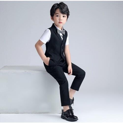School Boys Vest+Shorts +Bowtie 3PCS Clothing Set Kindergarten Graduation Suit Children Chorus Costume Kid Birthday Party Dress