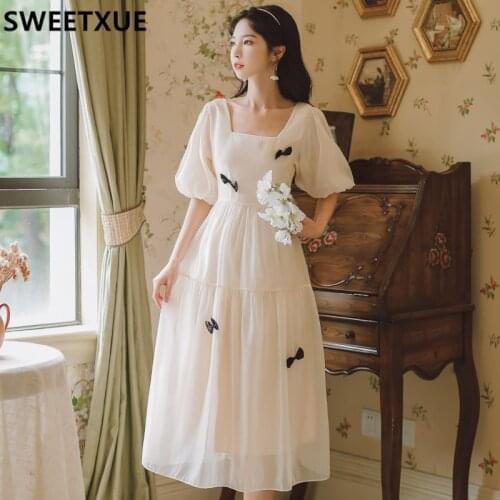SWEETXUE Mesh Dress Womens Summer 2021 Vintage Elegant Sweet Square Neck Puff Sleeves Bow Cute Kawaii Chic Dress Female Vestido