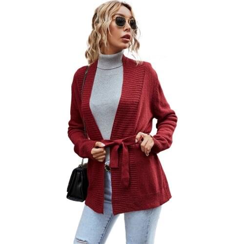 Long Sleeve Knitted Cardigan Loose Sweater Women Wine Red Crochet Coat With Waist Belt Office Lady Casual Warm Tops