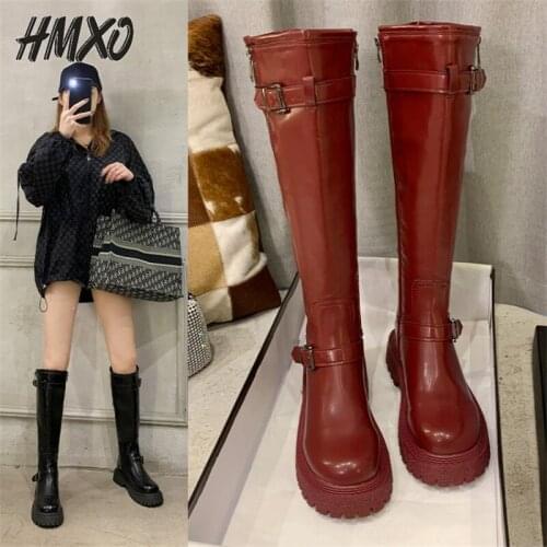 HMXO Retro Long Tube Womens Boots Thick-soled British Style Knight Boots Casual Women Leather Boots Knee-high Smoke Tube Boots