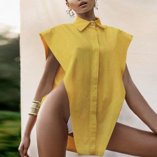 Woman Fashion Street Style Buttons Sexy Shirt Tops Clothing Sleeveless Side Hollow out Irregular Tops Blouses Oversized Shirts