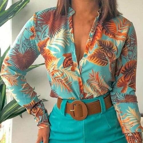 2021 New Long-sleeve Retro Digital Print Shirt V Neck Casual Chiffon Shirts Woman Tops Blusas Rojas Mujer chemise colorée femme