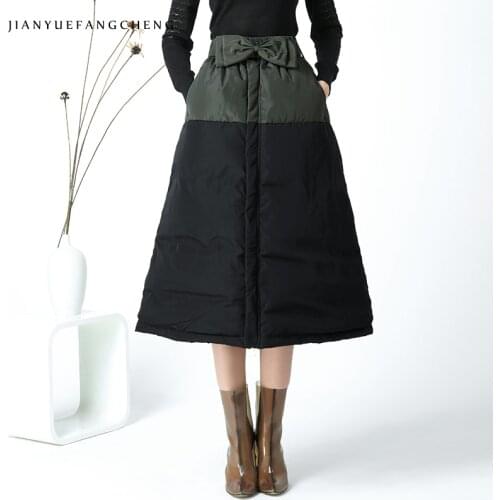 Womens Long Winter Skirts Splicing High Waist Duck Down Skirt Thicken Warm Plus Size A Line Maxi Skirt Female Mid-Calf Jupe
