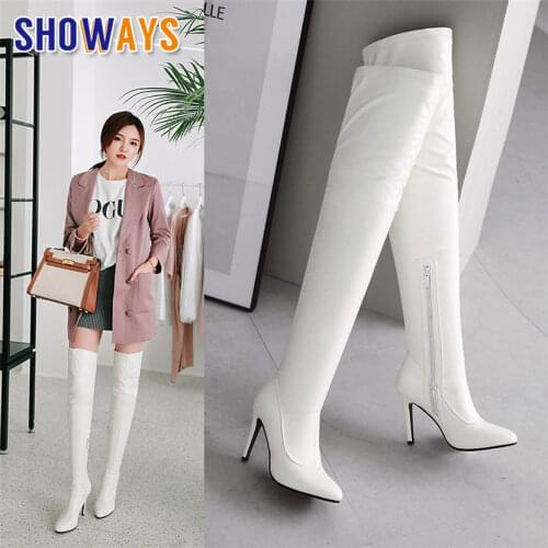 Big Size Winter Women Thigh High Boots White Stretch PU 10cm Thin Heel Sexy Ladies Club Party Pointed Toe Zipper Over Knee Boots