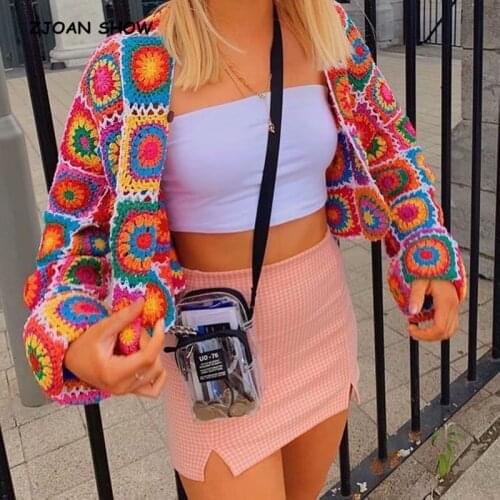 2021 BOHO Colored Plaid Flower Hand Crochet Cardigan Vintage Woman V neck Long sleeve Center Buttons Sweater Knitwear Jumper