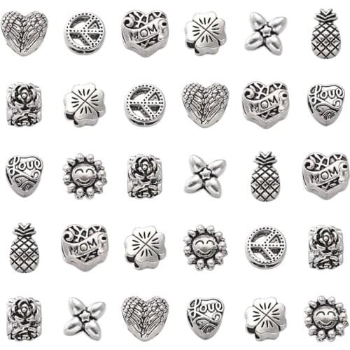 35pcs/100g Mixed Shape Alloy Large Hole European BeadsTibetan Style for Jewelry Making DIY Bracelet Necklace Supplies Hole: 5mm