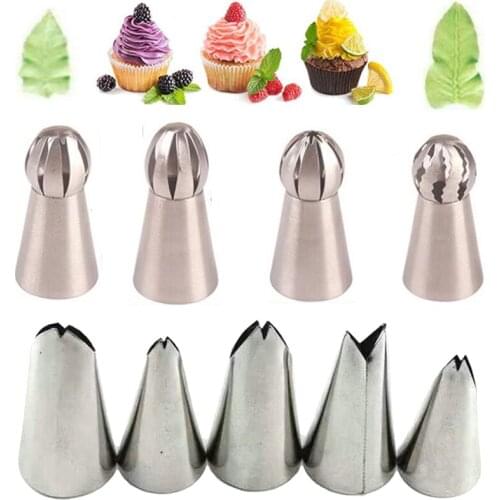 9Pcs Sphere Ball Stainless Steel Piping Nozzles Leaves Icing Russian Pastry Cream Cupcake Tips Flower Leaf Torch Pastry Tools