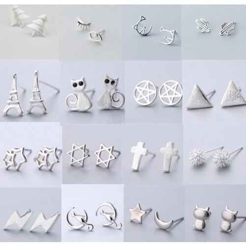 925 Sterling Silver Piercing Cross Cat Star Heart Stud Earrings For Women Party Jewelry Brincos pendientes