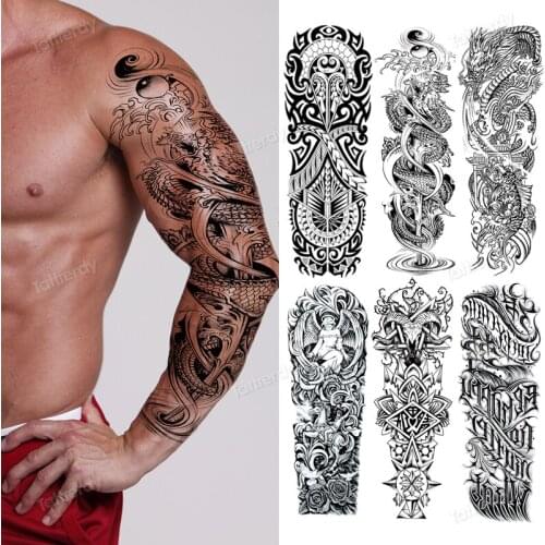 Large Sexy Temporary Tattoos for Men Boy Adult Full Arm Sleeve Tattoos Waterproof Black Henna Dragon Word Totem Wolf Tatoo Fake