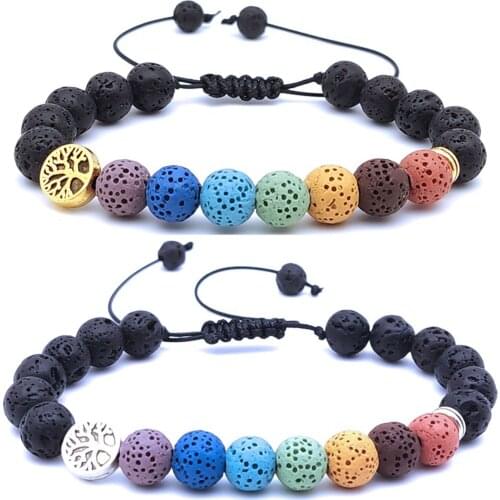 Tree 8mm Seven Chakra Bracelet Briaded Black Lava Stone Beads Women Men Bracelet Buddha Friendship Strand Bracelet Jewelry