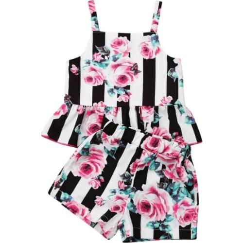 Children Kids Fashion Toddler Kids Girl Summer Floral Stripe Tops Shorts Outfits Set Clothes Lovely Kids Clothing