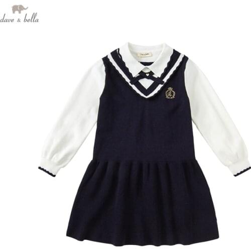 DKY19667 dave bella autumn girls fashion letter solid print draped dress children sweet dress kids infant lolita clothes
