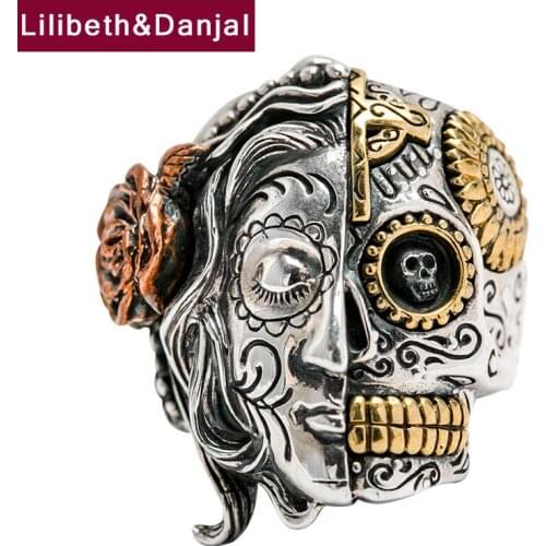Double Face Skull Real 925 Sterling Silver Punk Rock Vintage Adjustable Men Fashion Jewelry Luxury 2021 New Arrival Designer R13
