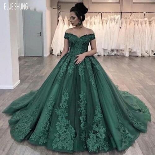 E JUE SHUNG Modest Dark Green Wedding Dresses Off Shoulder Appliques Lace Up Back Dubai Ball Gown Bride Dress Vestidos de Novia