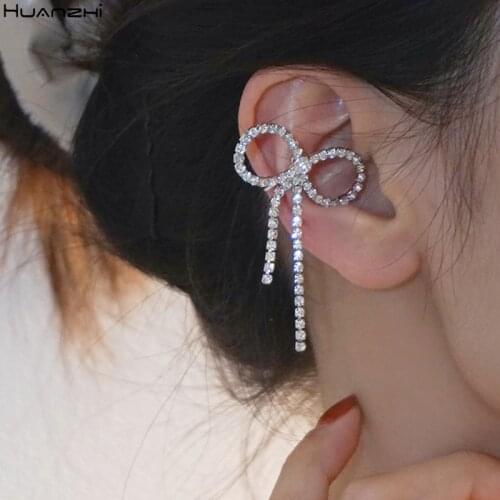 HUANZHI 2020 New Elegant Gold Silver Color Metal Bow Rhinestone Tassel Ear Bone Clip Without Ear Hole Sweet For Women Jewellery