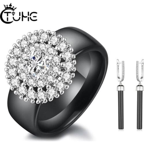 Luxury Bling Crystal Ceramic Ring 8mm Wide With Long Ceramic Drop Earrings Women Fashion Jewelry Set Top Quality New Year Gift