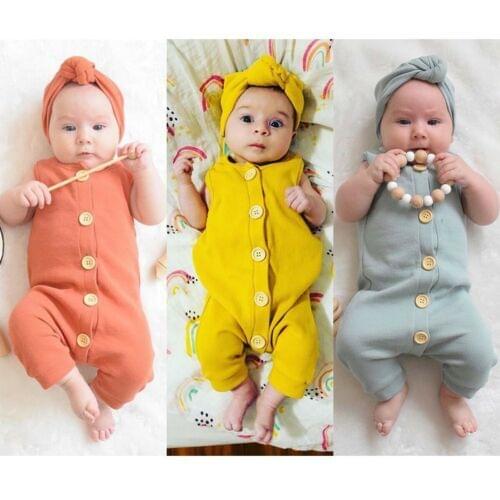 Pudcoco Casual Newborn Infant Baby Girl Boy ROmpers Sleeveless Solid Button Cotton Kids Outfit Jumpsuit +Heandband Clothes 2pcs