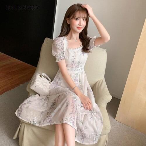 Korean Elegant Vintage One Piece Dresses Women Hollow Out Floral Embroidery Sexy Midi Dresses Female Party Holiday Chic Sundress