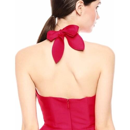 Carmine Red Deep-V Neck Structured Ruches Halter Mini Peplum Dress Sleeveless Backless Cotton/Silk Layered Date Party Ball Gown