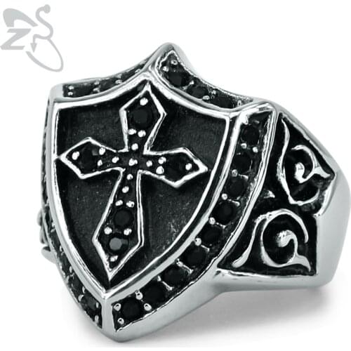 ZS Hip Hop Cross Shield Rings for Men Punk Style Black & Silver Color Finger Bands 316 Stainless Steel Jewelry Male Biker Ring