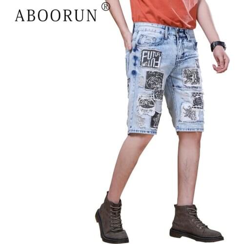 ABOORUN Mens Vintage Patches Ripped Denim Shorts Washed Print Straight Jean Shorts Casual Beggar Trousers