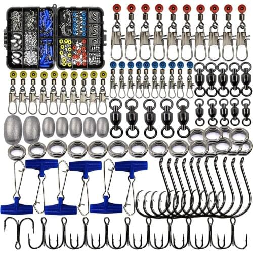 172pcs/Box Fishing Accessories Tackle Box Set Including Circle Hooks Treble Hooks Egg Sinker Weights Swivels Sinker Slides Rings