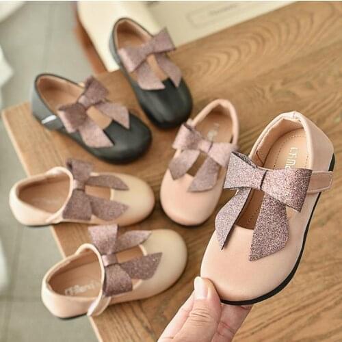 2020 new childrens girls PU flash bow shoes girls princess shoes flat dance shoes 21-36 3 colors