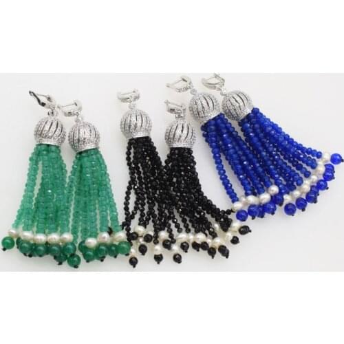 One pair green /blue/black jade spinel roundel/round faceted &white pearl tassel hook earrings wholesale beads FPPJ