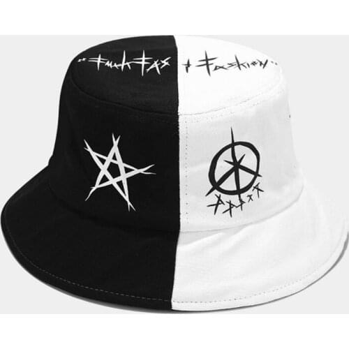Men Women Black White Color Block Hip Hop Bucket Hat Harajuku Graffiti Star Printed Outdoor Foldable Summer Cotton Panama F3MF