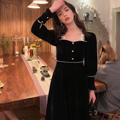 Plus Size Spring And Autumn Womens Casual Dress 2021 French Ladies Square Collar Velvet Is Thin And Elegant Long Dress