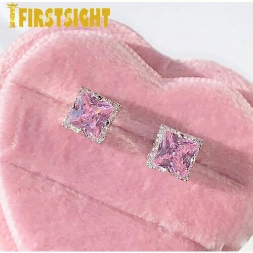 Silver Color Square Shape Earring For Women Fashion Brilliant Bridal Engagement Wedding Jewelry Pink Cubic Zircon Stud Earring
