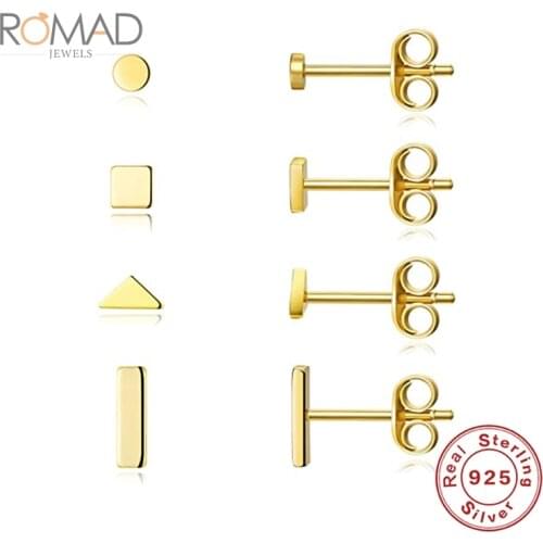 ROMAD 2/3/5/7mm Mini Glossy 925 Sliver Stud Earrings Women Square Triangle Round Earrings Set Small Jewelry Pendientes Plata
