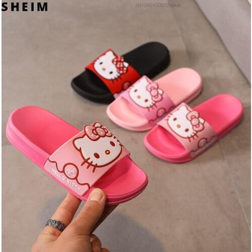 New Sanrio Hello Kitty KT Cat Slippers Sliders Flip Flops Indoor Bathing Soft Cartoon Beach Shoe For Children Kids Girl Princess