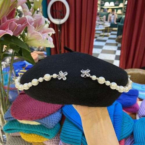 202108-xx NEW winter autumn Crystal flowers pearl chain lady beret hat women Leisure painter hat