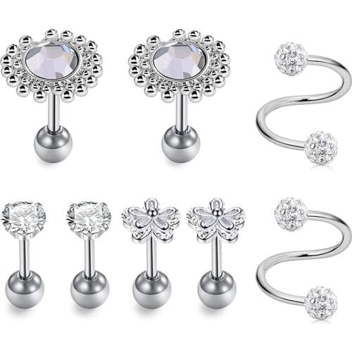 Helix Cartilage Earring Tragus Studs Earrings CZ Flower Style Spiral Twisted Barbell for Women Girl and Rose Gold Color