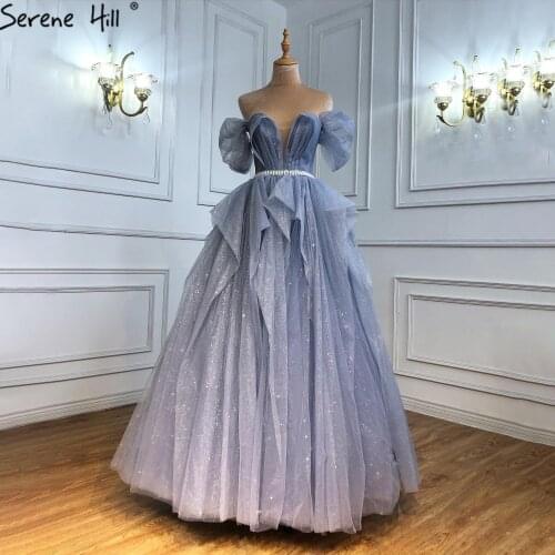 Serene Hill Blue Glittery Evening Dress With Crystals Belt 2021 Off Shoulder Sexy V-Neck Lace Up Formal Party Ball Gown CLA71158