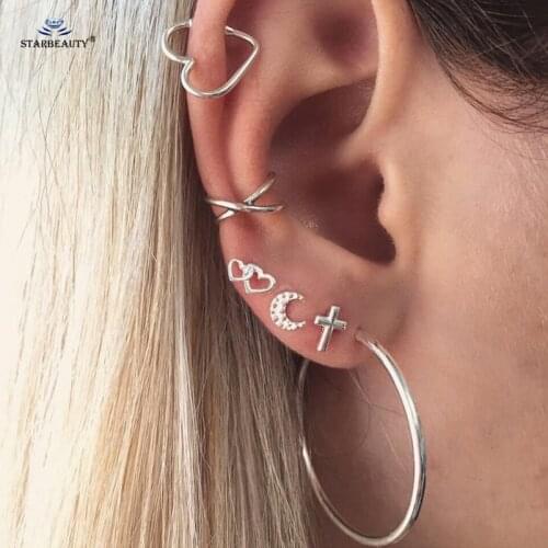 Starbeauty Hot 6pcs/lot X Cross Moon Heart Ear Piercing Helix Piercing Tragus Piercing Big Circle Hoop Earrings Set Nose Pircing