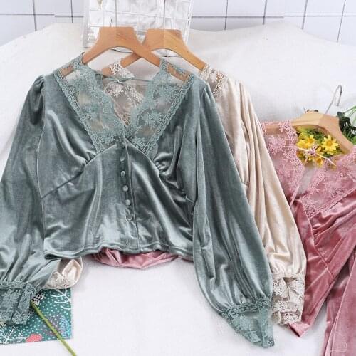 2020 Spring Autumn Women Long Sleeve Velvet Blouse Sexy V-Neck Floral Lace Shirt Female Backless Mesh Blouses Short Tops AB1918
